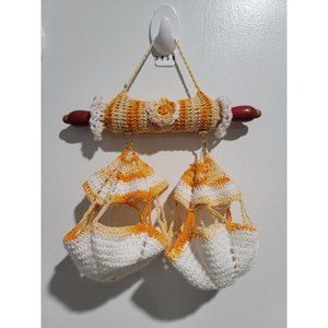 Crochet pot holder kitchen decoration with mini rolling pin orange/offwhite